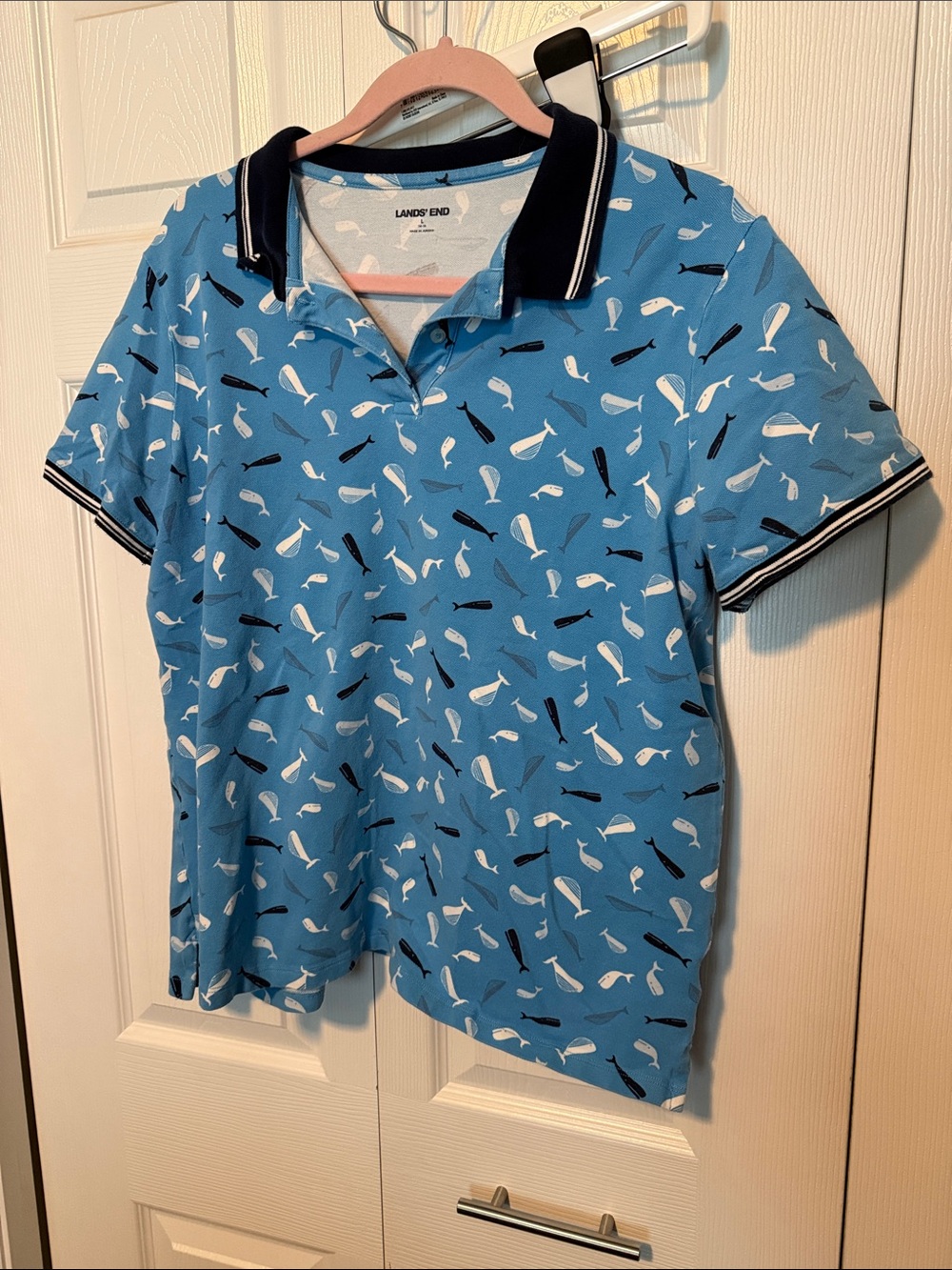 Lands' End Light Blue Whale-Print Polo with Navy Trim